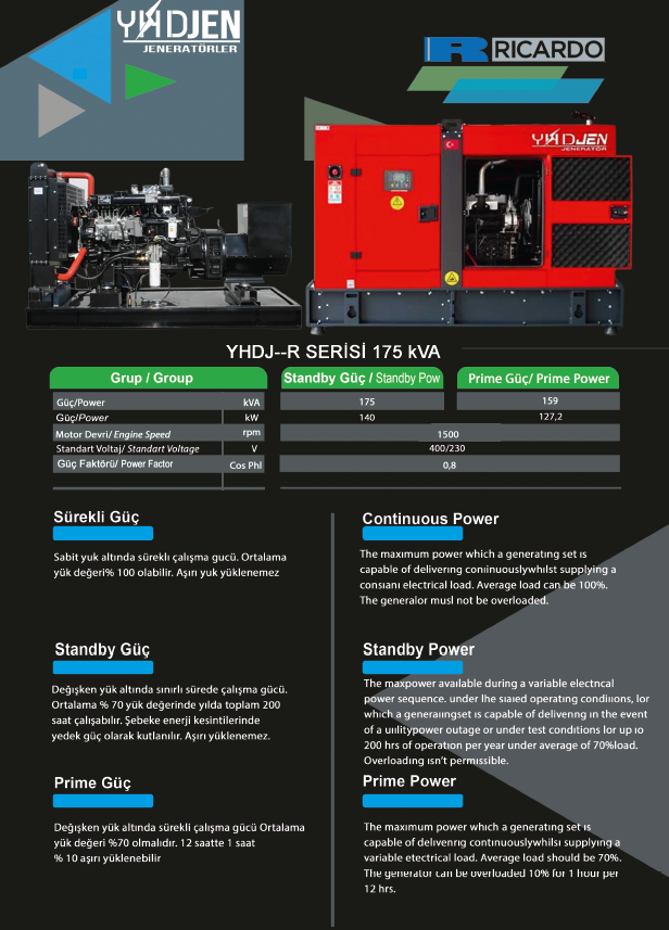 175 KVA OTOMATİK KABİNLİ DİZEL JENERATÖR SET RİCARDO