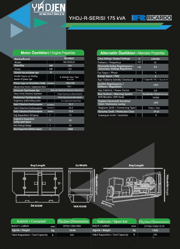 175 KVA OTOMATİK KABİNLİ DİZEL JENERATÖR SET RİCARDO